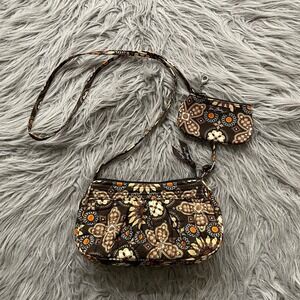 Vera Bradley CrossBody Shoulder Purse + Coin Bag Brown Floral Canyon Quiltted